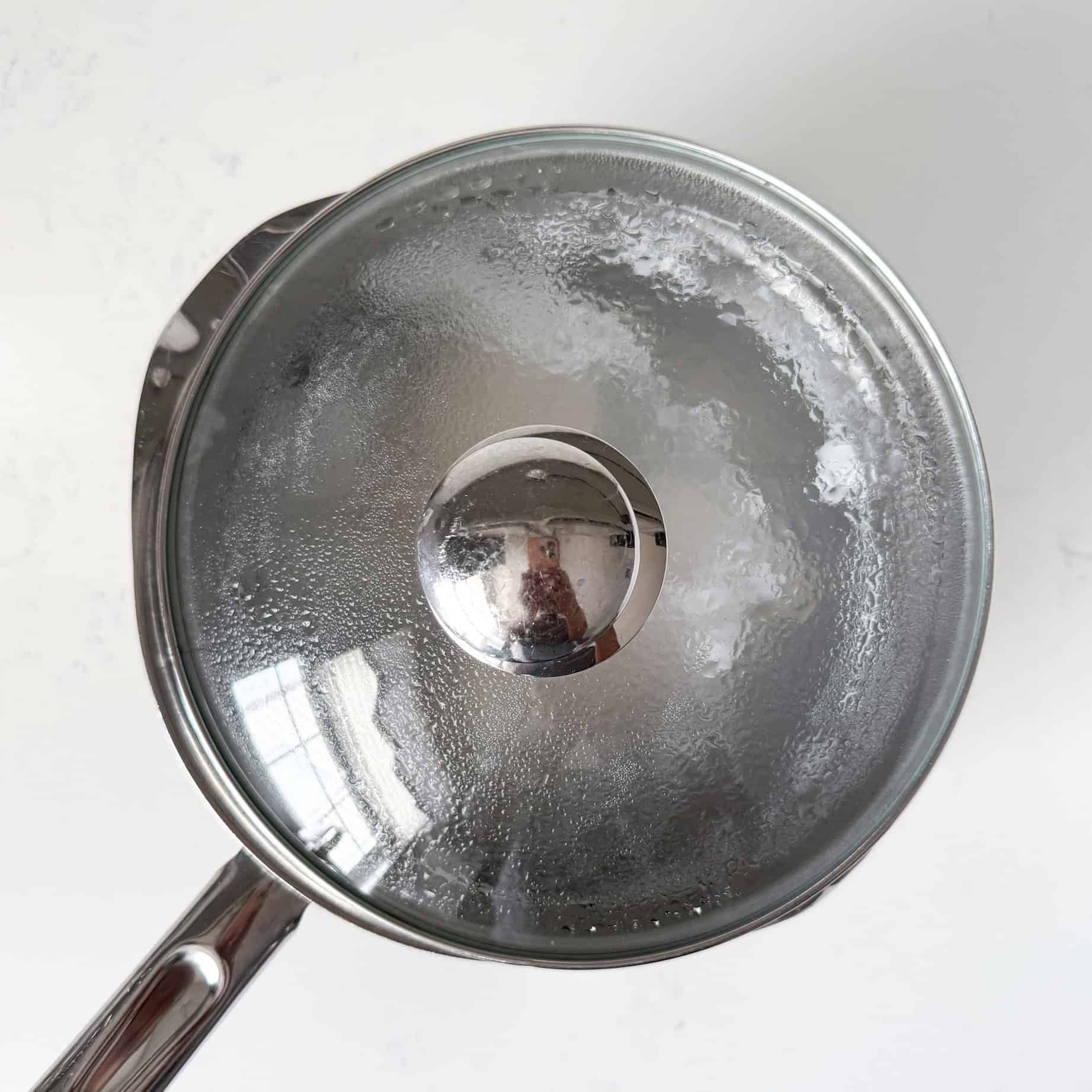 Chicken breasts in pot covered with a lid on top.