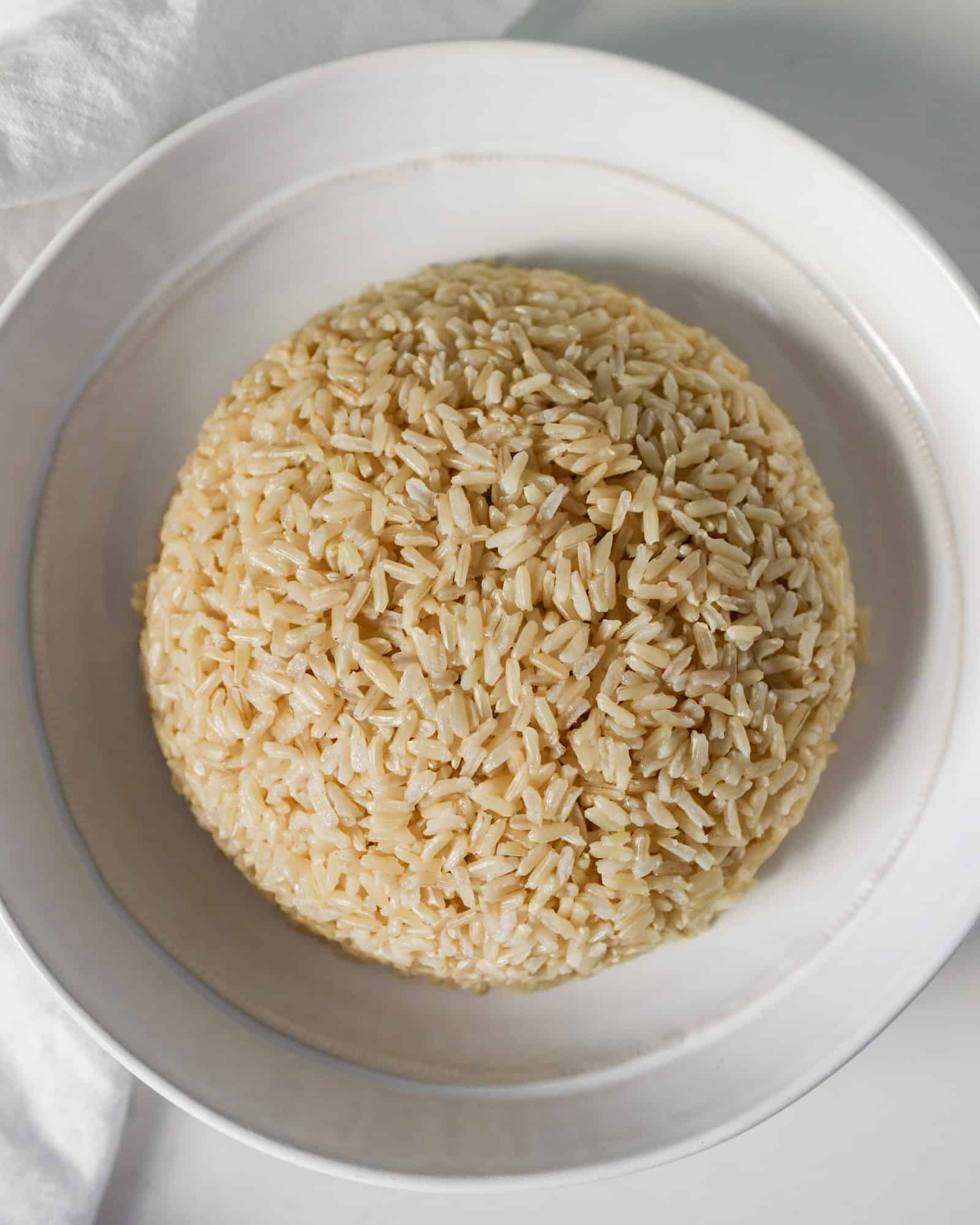 Brown Jasmine Rice in a white serving dish