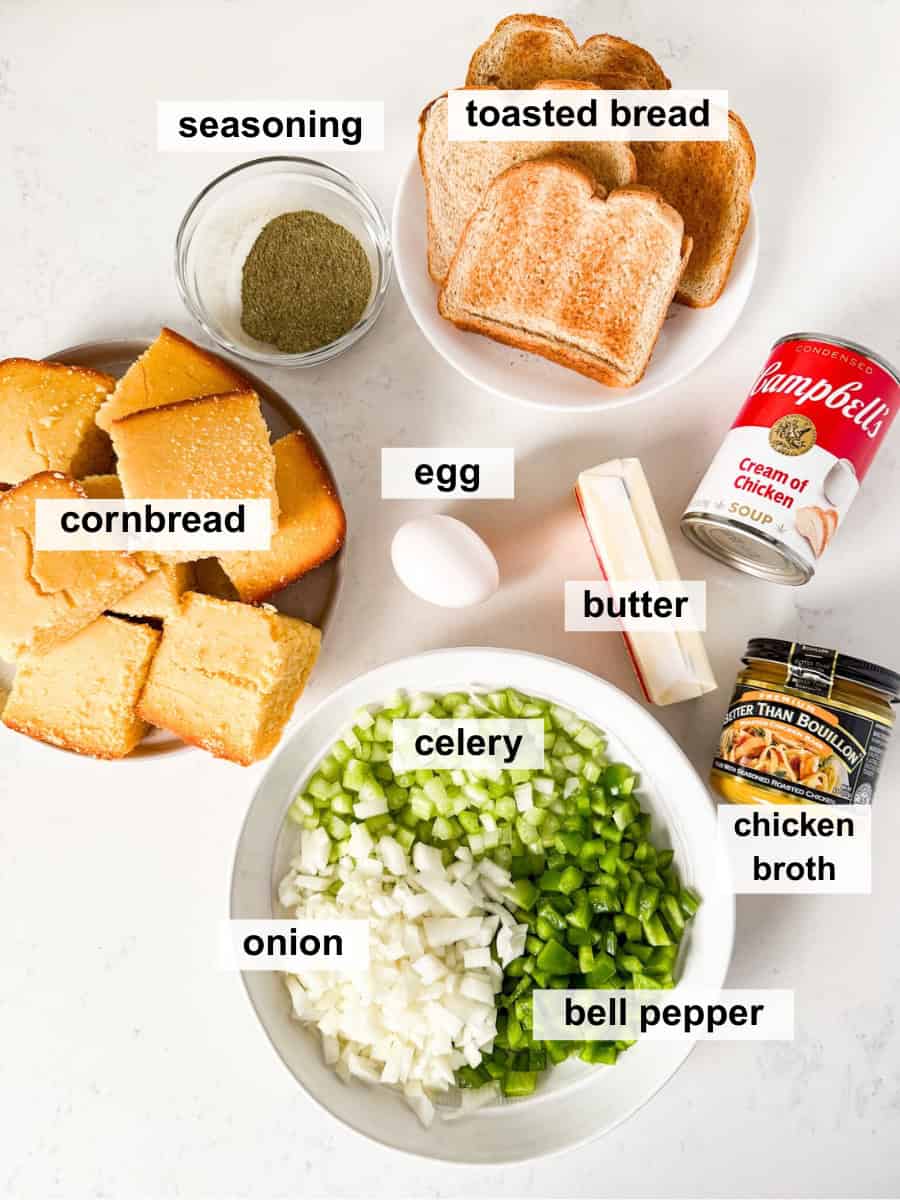 Ingredients for cornbread dressing spread out on a white countertop.