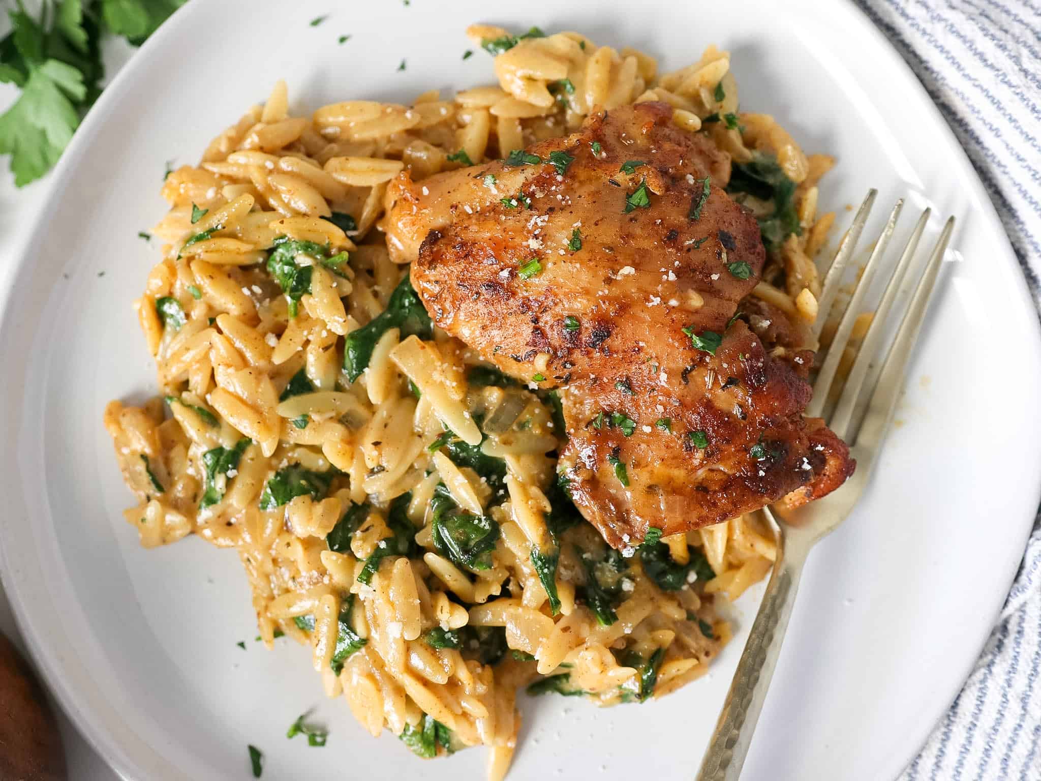 Overhead view of chicken and orzo pasta on a white serving dish.