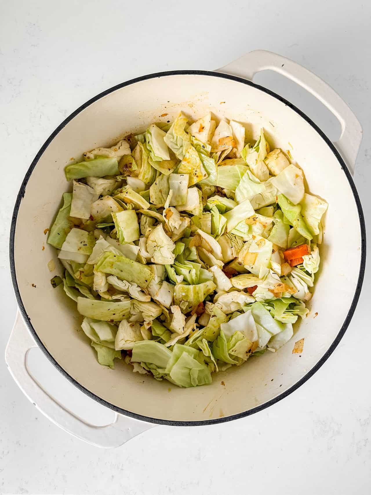 Chopped cabbage added to the pot.