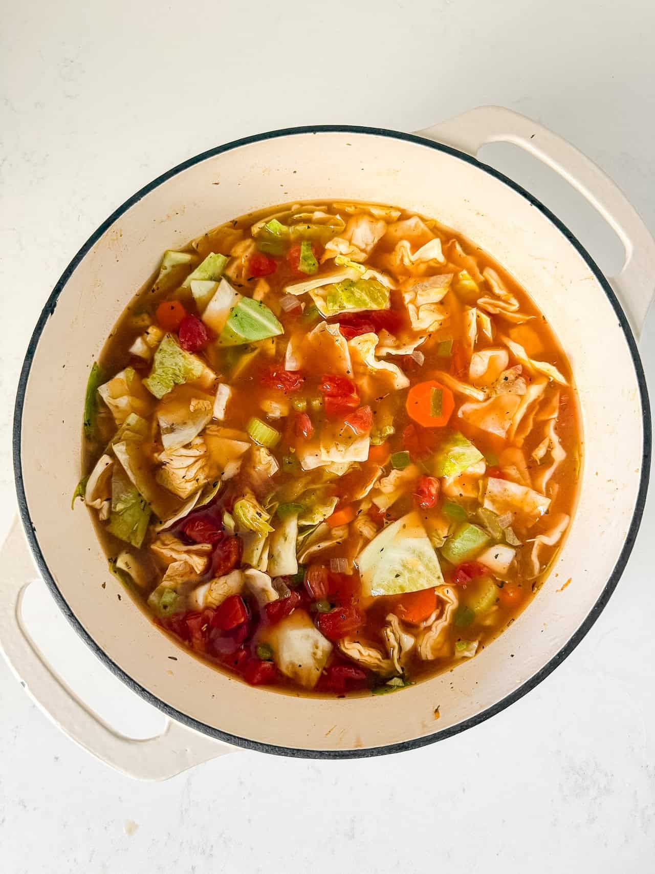 Cabbage soup ingredients added to pot.