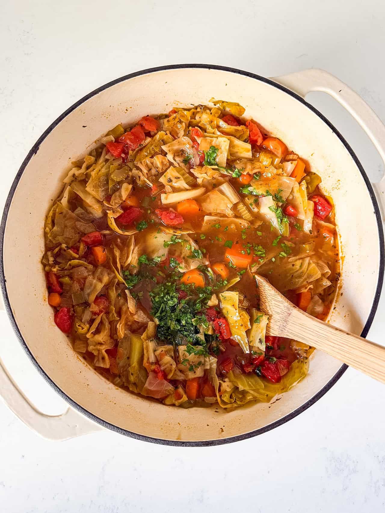 Finished cabbage soup with parsley added on top.