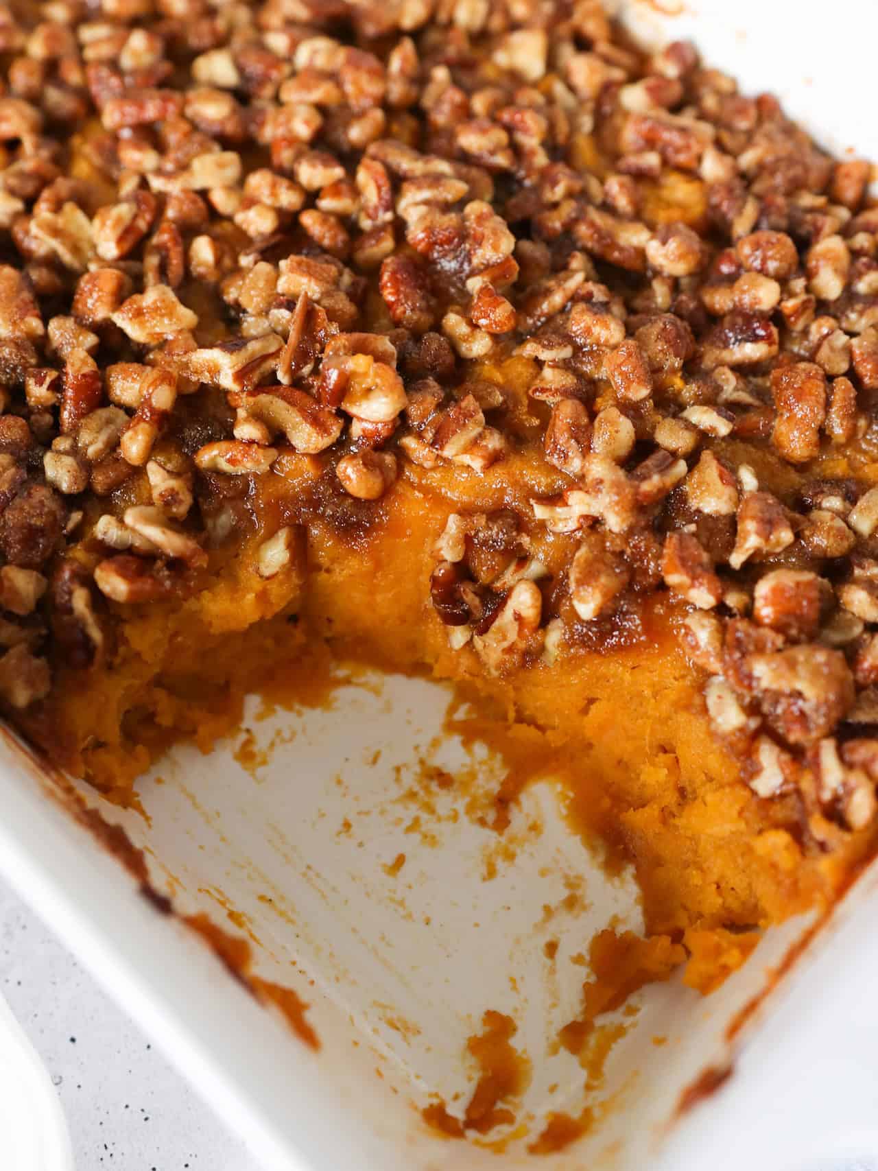 Close up side view of sweet potato casserole